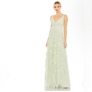 Mac Duggal SEQUINED SCALLOP RUFFLE TIERED V NECK GOWN MAXI DRESS